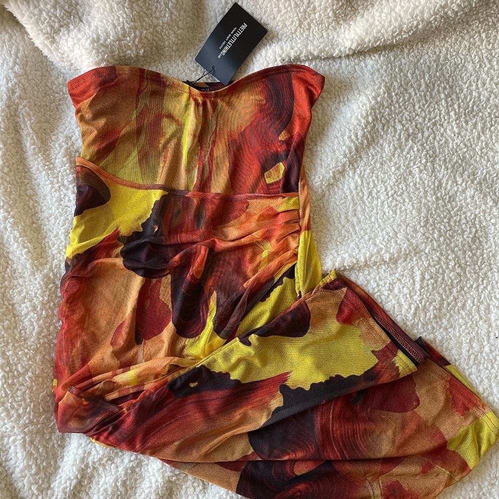 Abstract Mesh Bandeau Drape Midi Dress